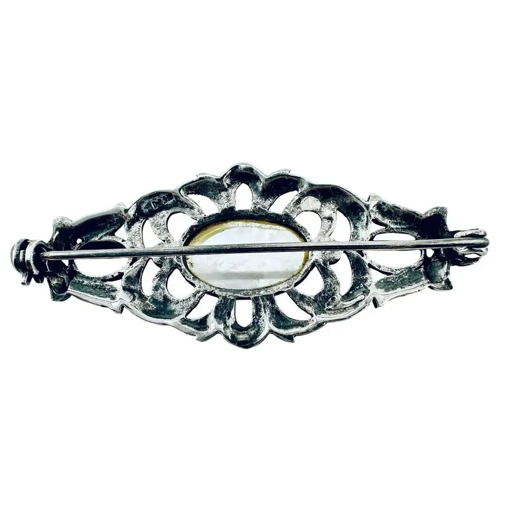 Vintage 925 Victorian Revival Onyx Mother of Pearl Marcasite Filigree Brooch